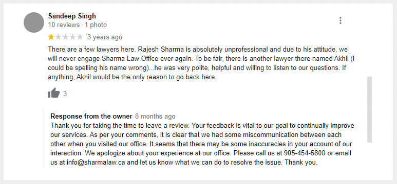 sharma-law-office-review-response