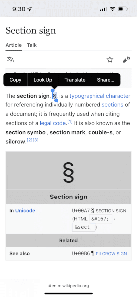 section sign on wikipedia