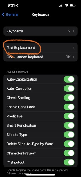 text replacement in iPhone