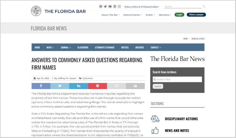 Law Firm Names Florida Bar
