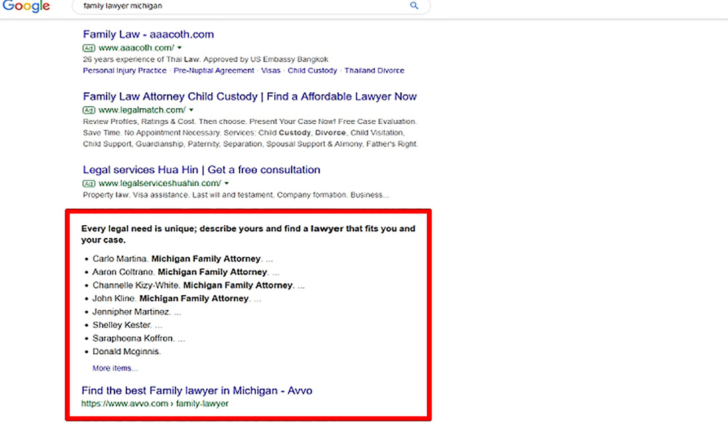 Avvo Family Lawyers in Serps