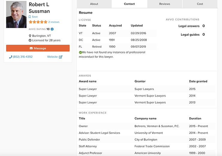 Avvo Lawyer Profile Resume