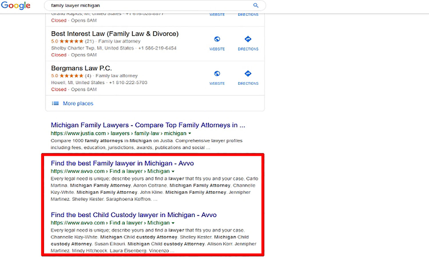 Avvo Michigan Family Lawyers in Serps
