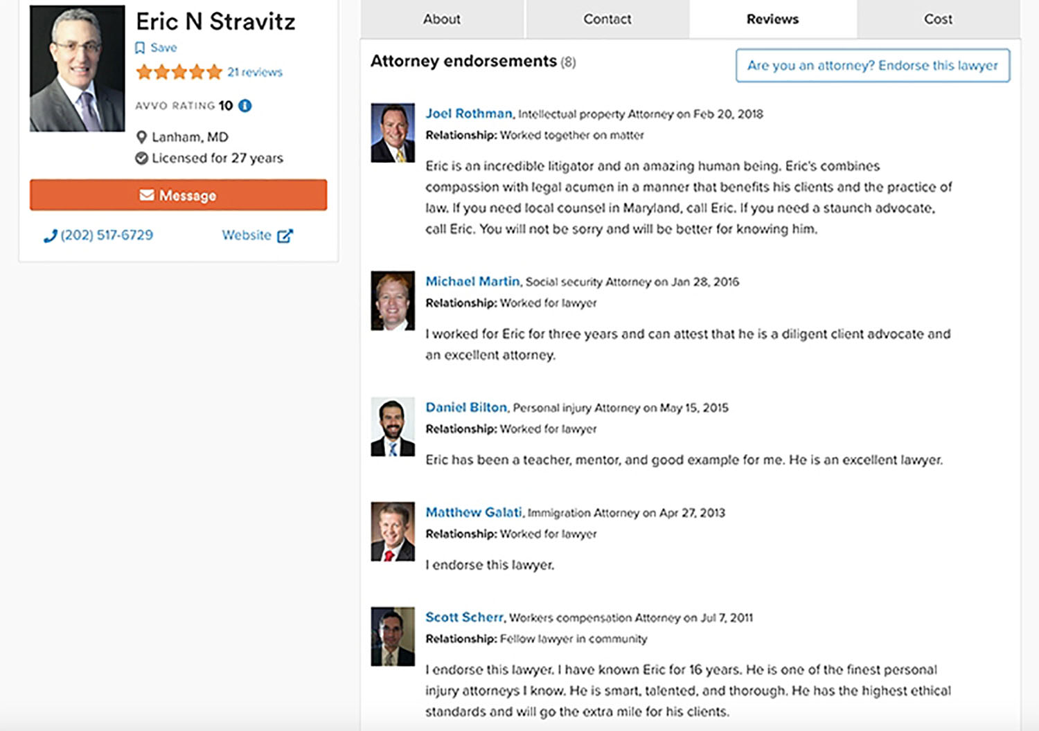Avvo Profile Attorney Endorsements