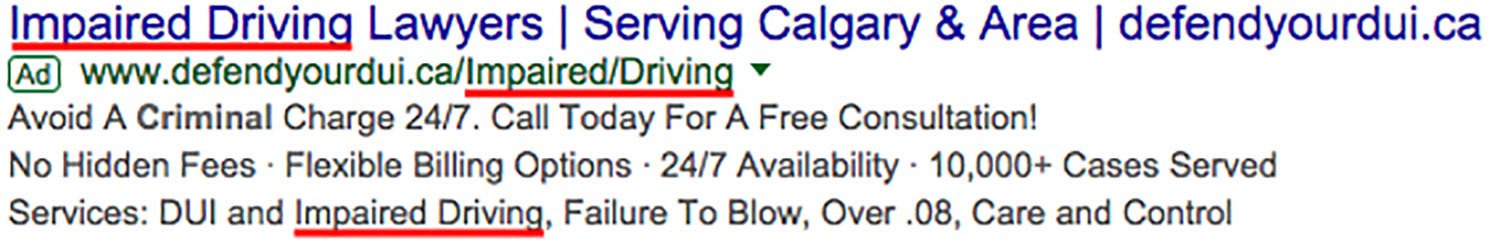 Google Adwords Keywords in Ads